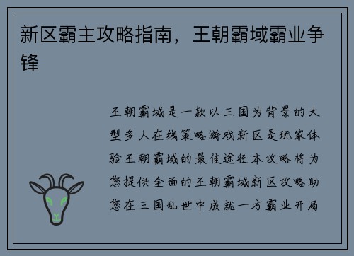 新区霸主攻略指南，王朝霸域霸业争锋