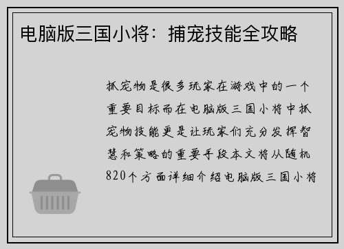 电脑版三国小将：捕宠技能全攻略